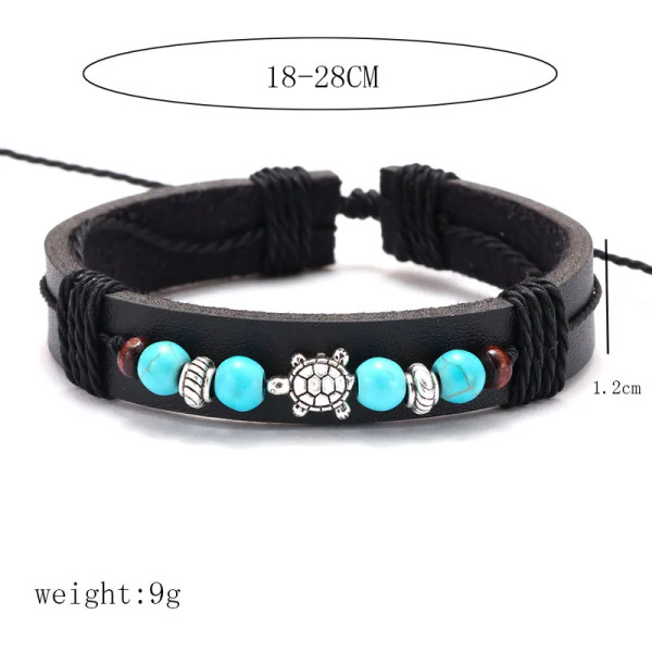 Leather look adjustable bracelet with bead and turtle design - black with blue