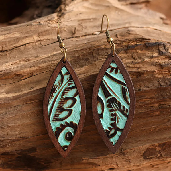 Wood and teal coloured leather teardrop earrings on hook