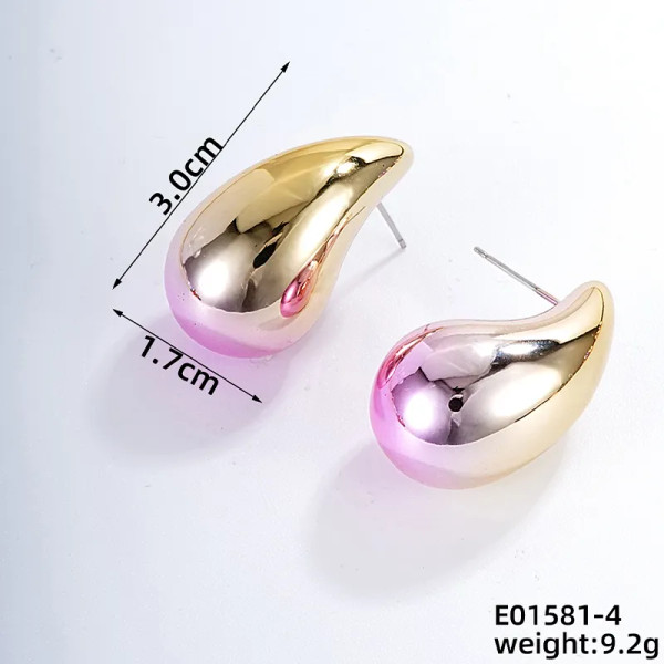 Large teardrop earring on posts - gold colour with pale pink splash