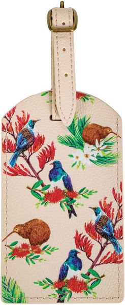 Leather-look luggage tag with NZ native birds design