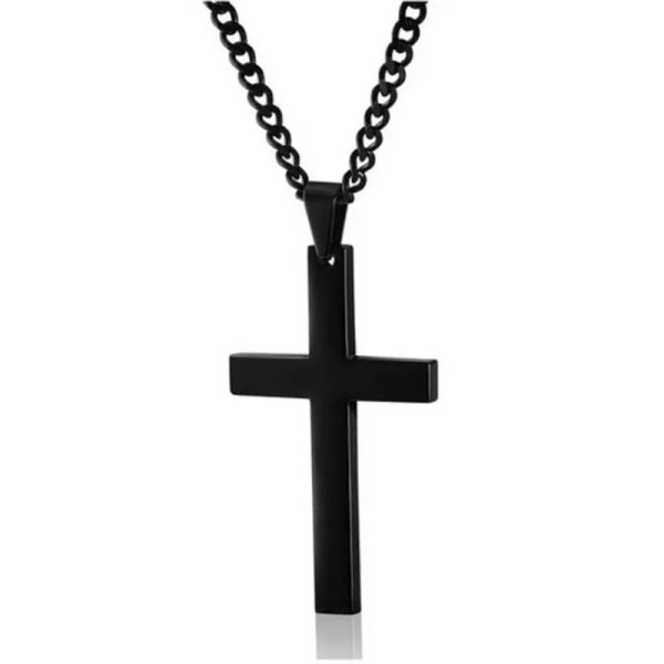 Small Stainless steel cross on chain necklace pendant - black