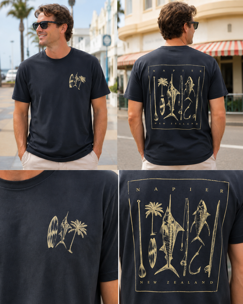Man wearing a dark Napier New Zealand fishing T-shirt showing the front and back designs