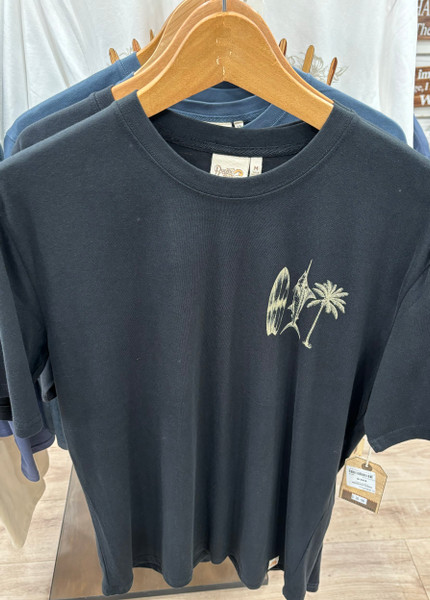 Black Napier NZ souvenir T-shirt - surfboard, fish and palm tree design on front and back- Size XXL