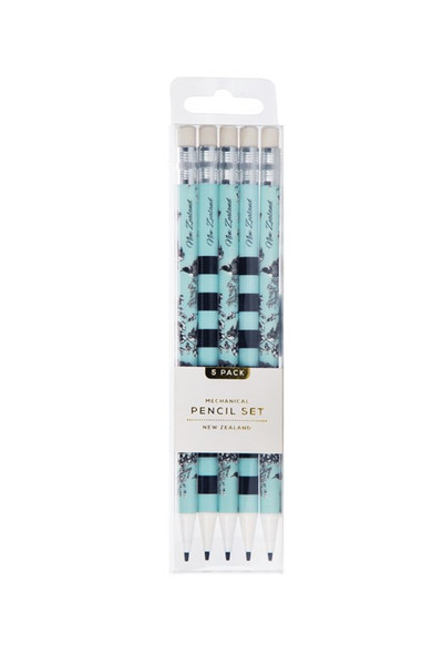 Set of 5  mechanical pencils - pastel blue with birds design