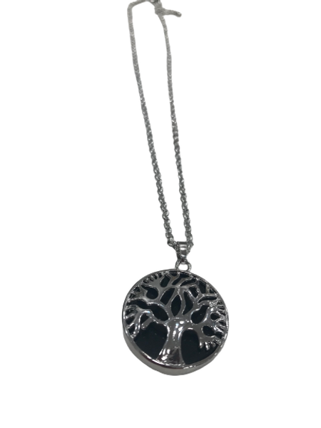 Tree of Life Pendant with Black Onyx on silver coloured chain
