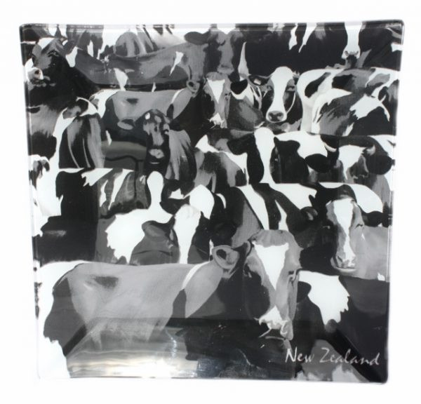 NZ Black and White Cow glass plate with New Zealand on it