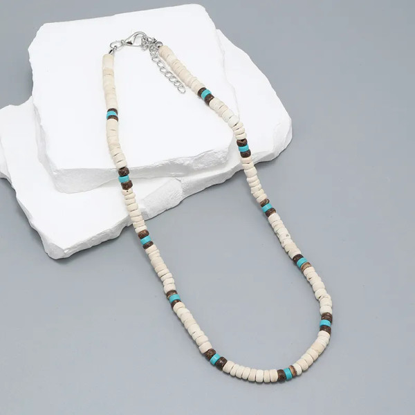 Coconut shell and bead choker length necklace, cream with turquoise and brown