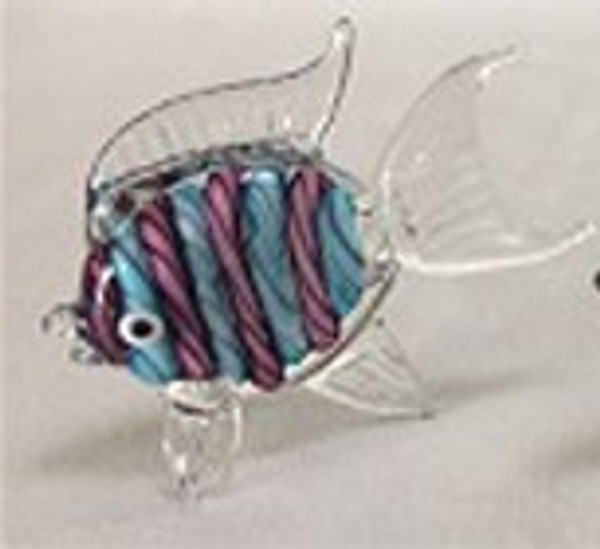 small handcrafted glass art fish with blue and purple stripes
