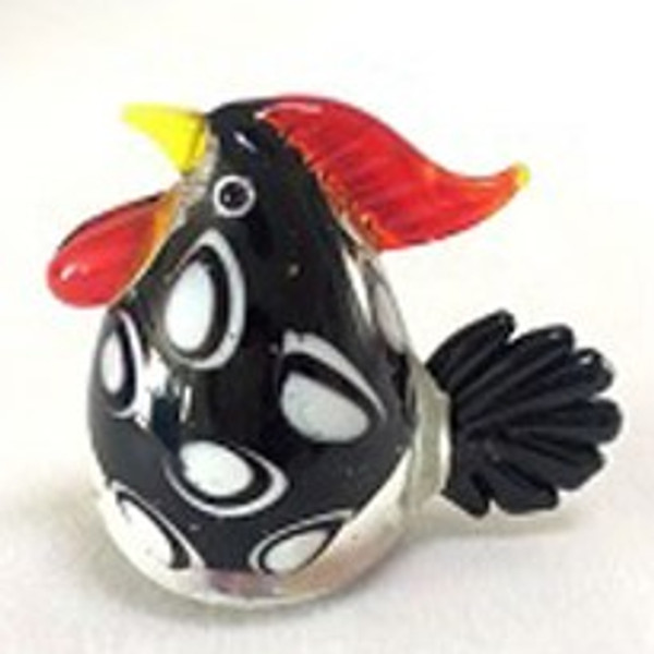 Small handcrafted glass art rooster black with white spots
