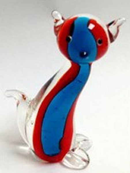 Small handcrafed red and blue glass art cat