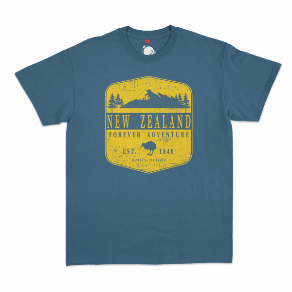 NZ Souvenir T Shirt - Slate Blue  with yellow badge with kiwi and mountain design and slogan Forever Adventure
