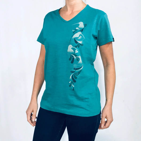 Teal women's NZ souvenir fited T-shirt with kiwi and koru design