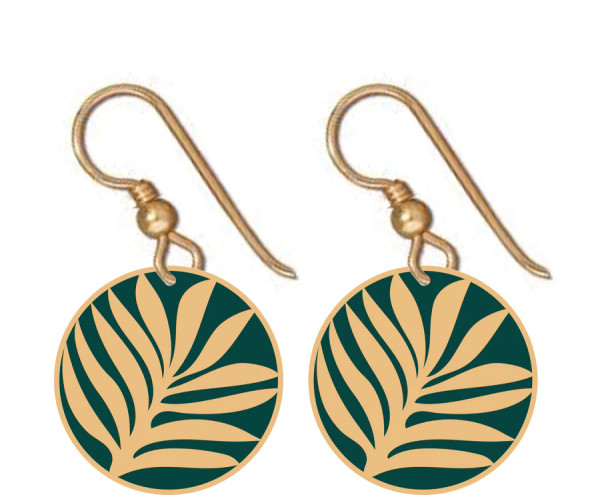 Round gold and green Nikau inspired earrings on hooks