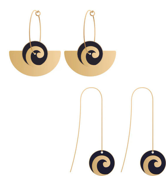 Two pairs of earrings in black and gold inspired by the Koru