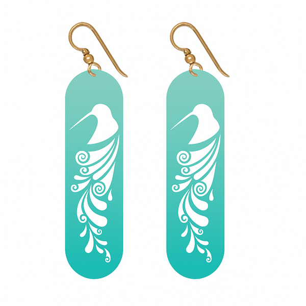 Teal long rounded edge earrings with cut out kiwi,  koru and feathers on hooks