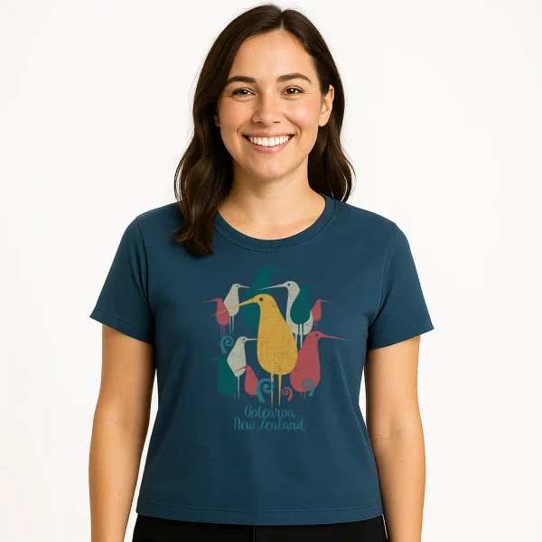Women's NZ souvenir t-shirt- Indigo with colourful retro kiwi design