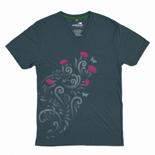 Charcoal grey women’s V-neck T-shirt with red pōhutukawa flower design