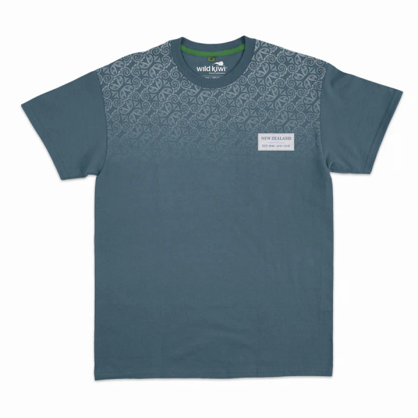 Mens NZ souvenir T-shirt in bluestone - koru design