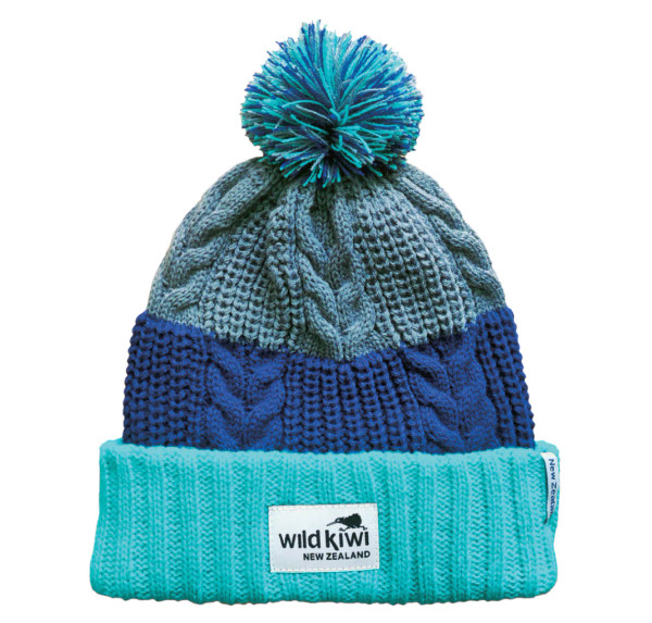 NZ Wild Kiwi Beanie in Turquoise, navy and grey with removable pompom