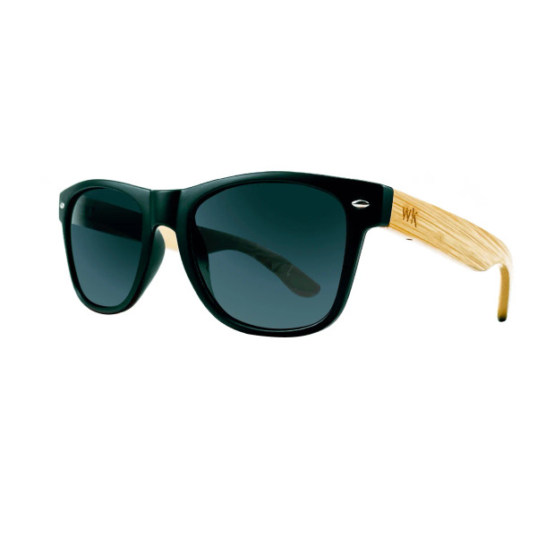 Unisex suglasses with bamboo arms, black frames and polarised lens