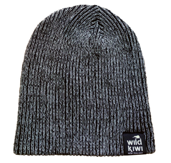 NZ Wild Kiwi beanie in black and grey marle colours