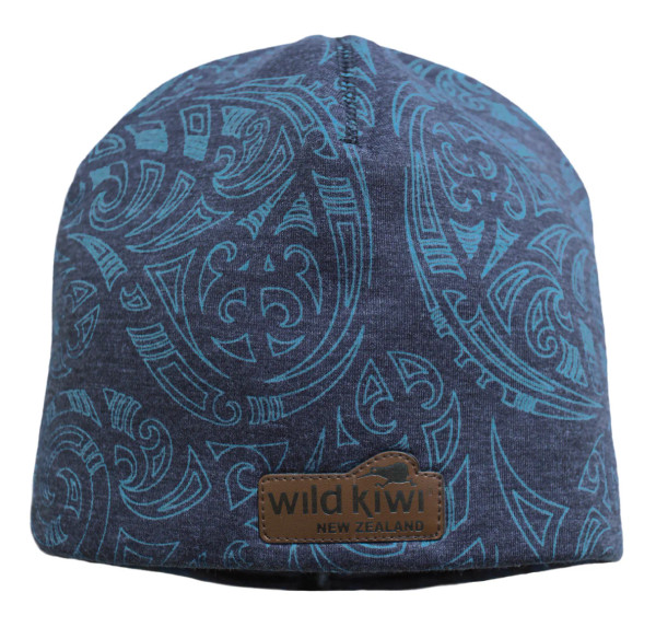 Grey Wild Kiwi beanie with blue kowhaiwhai design