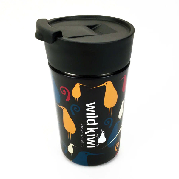 Black NZ souvenir stainless steel insulated travel mug with retro style kiwi design