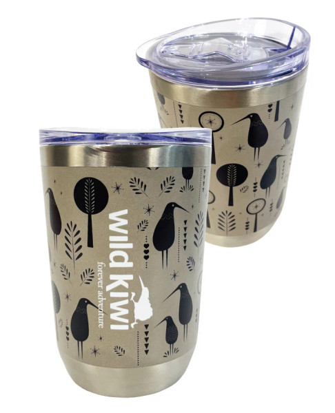 Beige NZ souvenir stainless steel insulated travel mug with retro style kiwi design