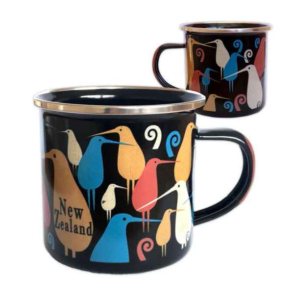 Black NZ souvenir enamel camping mug with colourful retro  style kiwi design