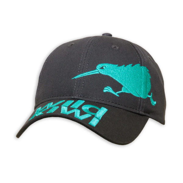 Slate Grey NZ souvenir cap with teal embroidered kiwi and words Wild Kiwi