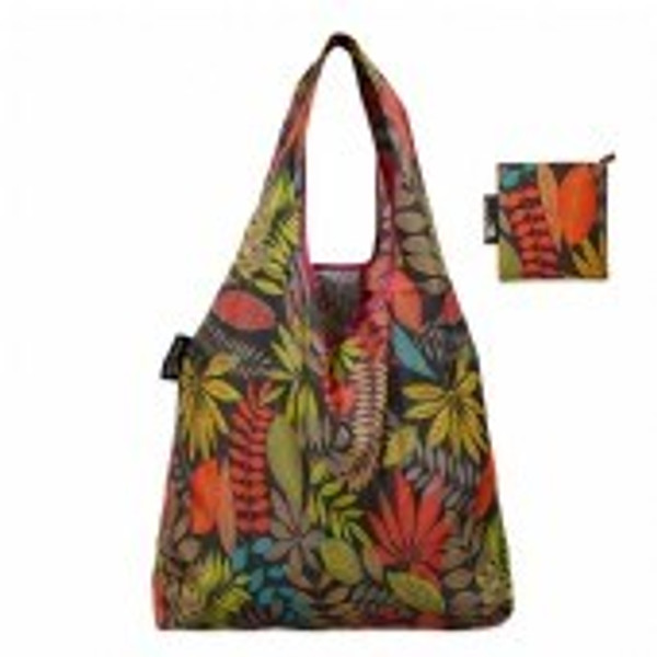 Reusable folding bag - ferns design on black