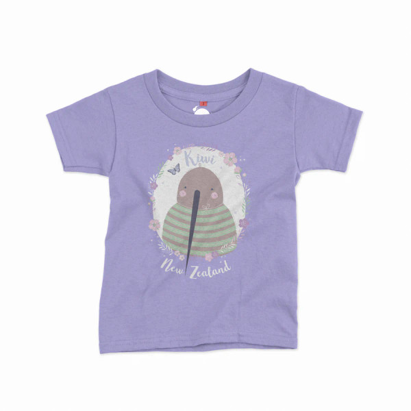 NZ souvenir children T-shirt in lilac - floral kiwi - various sizes