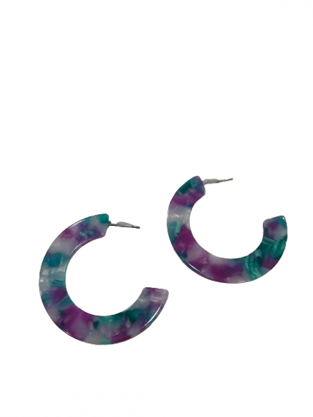 Teal, purple and white C shaped resin earrings on posts