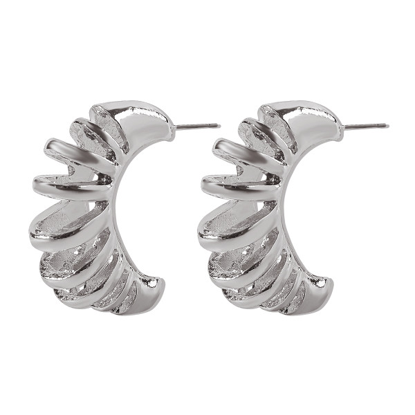Twisted hoop earrings on posts - silver  colour