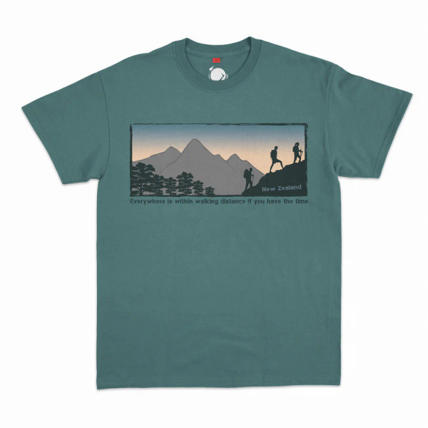 Mens NZ souvenir T-shirt in vintage green - walking distance - various sizes