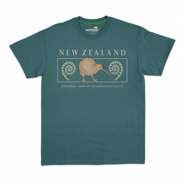 Teal men’s New Zealand crew-neck T-shirt with embroidered kiwi and koru design