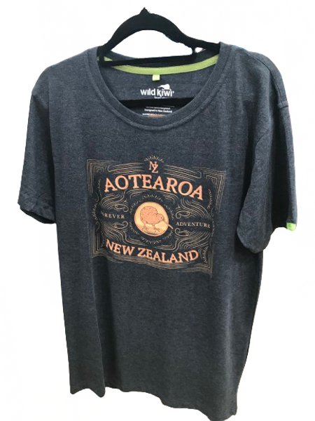 Dark grey men's NZ souvenir T-shirt  with  vintage look kiwi design and Aoteara