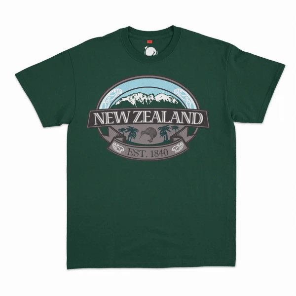 NZ souvenir T-shirt in dark teal - Mountains and kiwi - various sizes