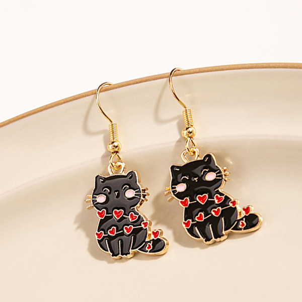 Cute black kitty cats with hearts earrings on hooks