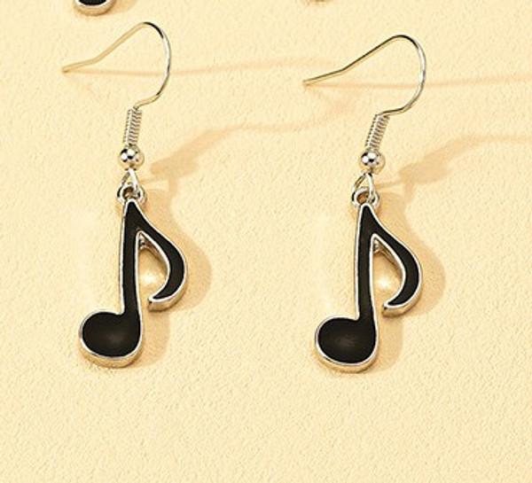 Black enamel quaver music note earrings on hooks