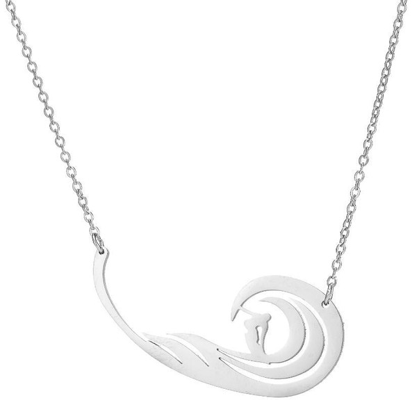 Silver coloured wave and surfer pendant on chain necklace