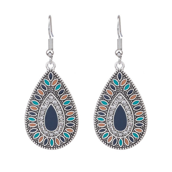 Bohemian styled teardrop earrings on hooks with diamantes and teal, navy and orange details