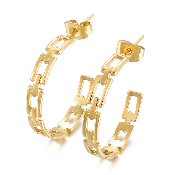 Gold coloured C shape earrings with open chain pattern on posts