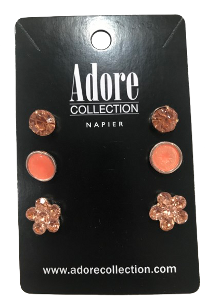 Set of three stud earrings - apricot diamante, apricot resin round stud and apricot flower diamante stud