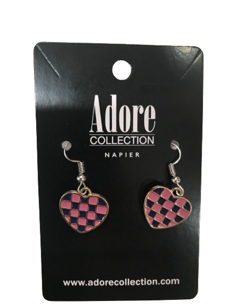 Dangly heart earrings with pink and blue check pattern