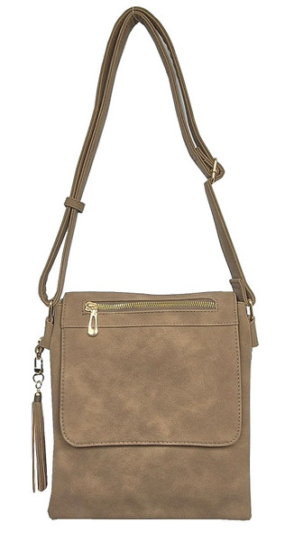 Beige crossbody bag with front zip and tassel