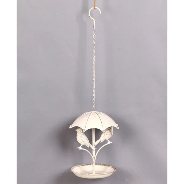 Hanging white metal bird feeder with  birds sitting under an umbrella - 56cm tall
