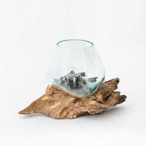 Small art glass bowl with teak root stand (15cm x 15cm)