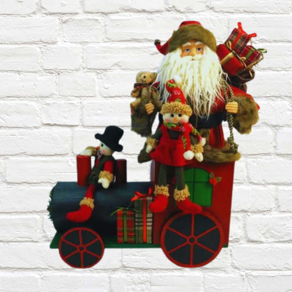 Santa and elf on a train with presents