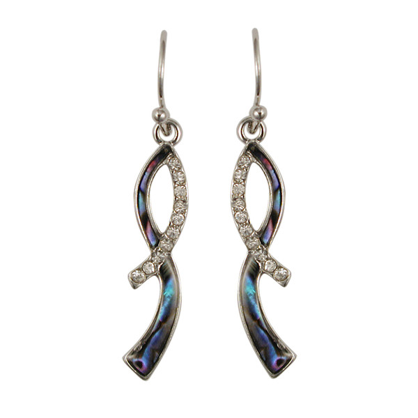 New Zealand paua shell ribbon earrings with crystals on hooks